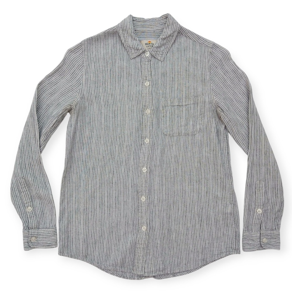 Marine Layer Button Up Shirt Women XS Long Sleeve Tencel Linen Blend Stripe